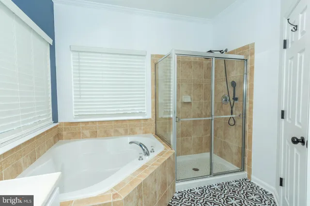 a bathroom with a bathtub and a shower