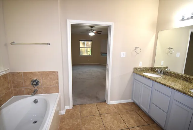 a bathroom with a tub a sink and mirror