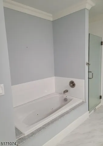 a bathroom with a bathtub and shower