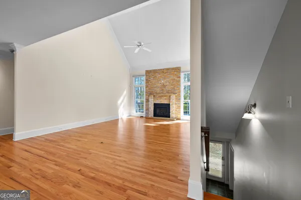 an aerial view of house with yard