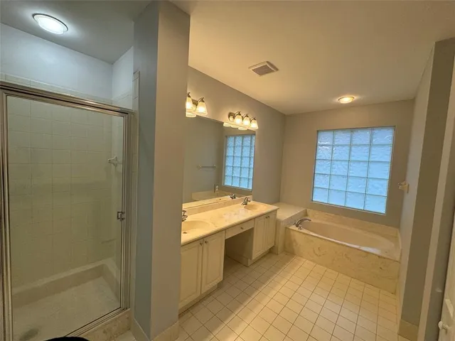 a bathroom with a tub sink shower and a mirror