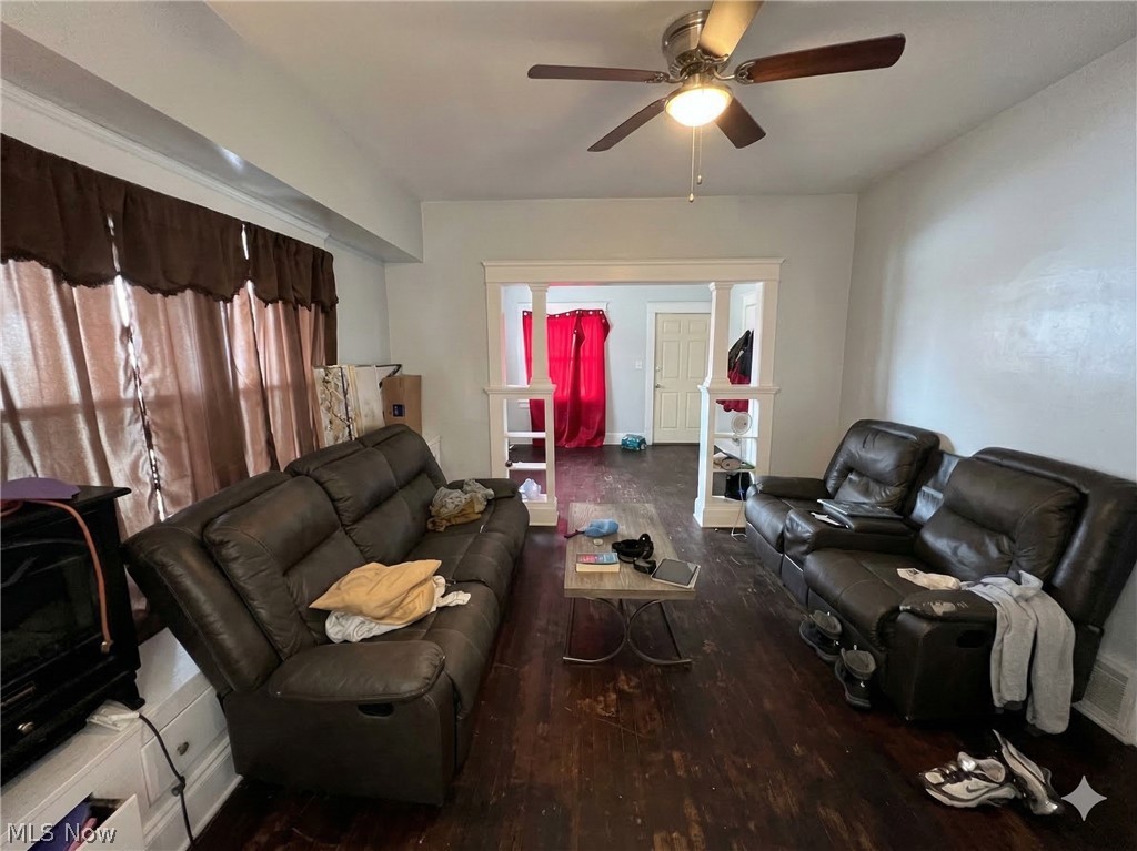 10112 Aetna Road Cleveland, OH 44105 - Photo 4 of 31 Living room with dark wood-style floors and ceiling fan