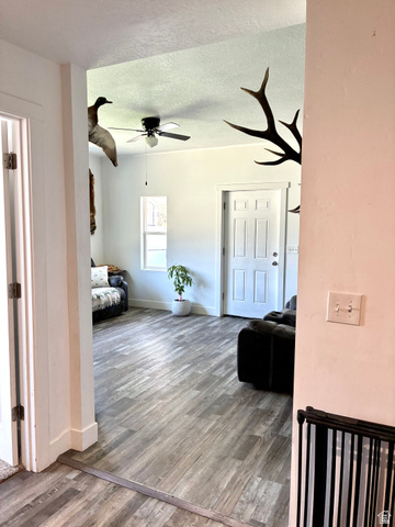 175 Eagle Street Eureka, UT 84628 - Photo 10 of 31 Living area with wood finished floors, a textured ceiling, and a ceiling fan