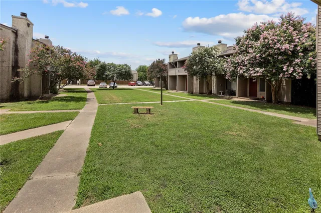 a view of a park with large trees