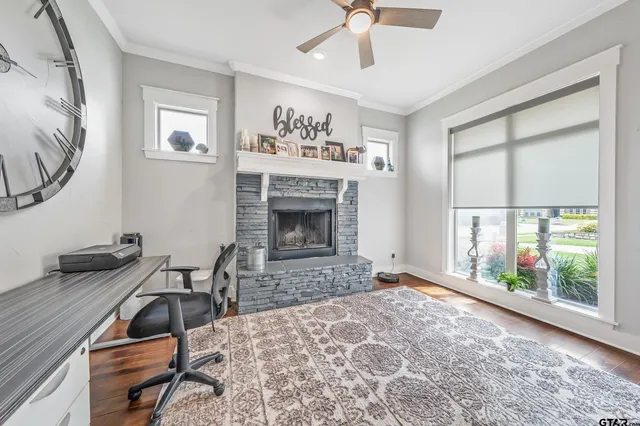 a living room with furniture and a fireplace