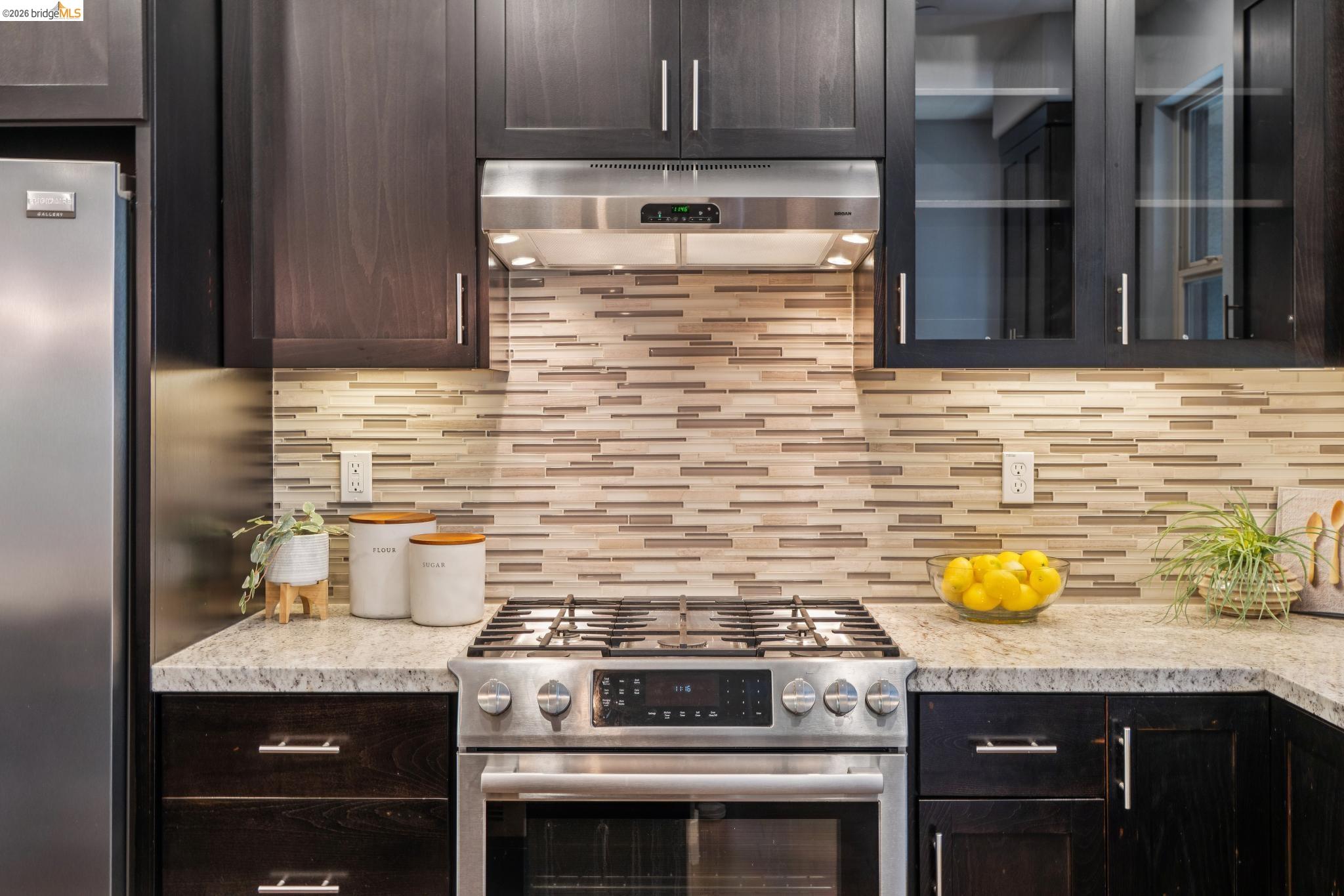 489 Diller Street Alameda, CA 94501 - Photo 19 of 60 Kitchen with stainless steel appliances, dark wood finish cabinets, light stone counters, glass insert cabinets, and backsplash