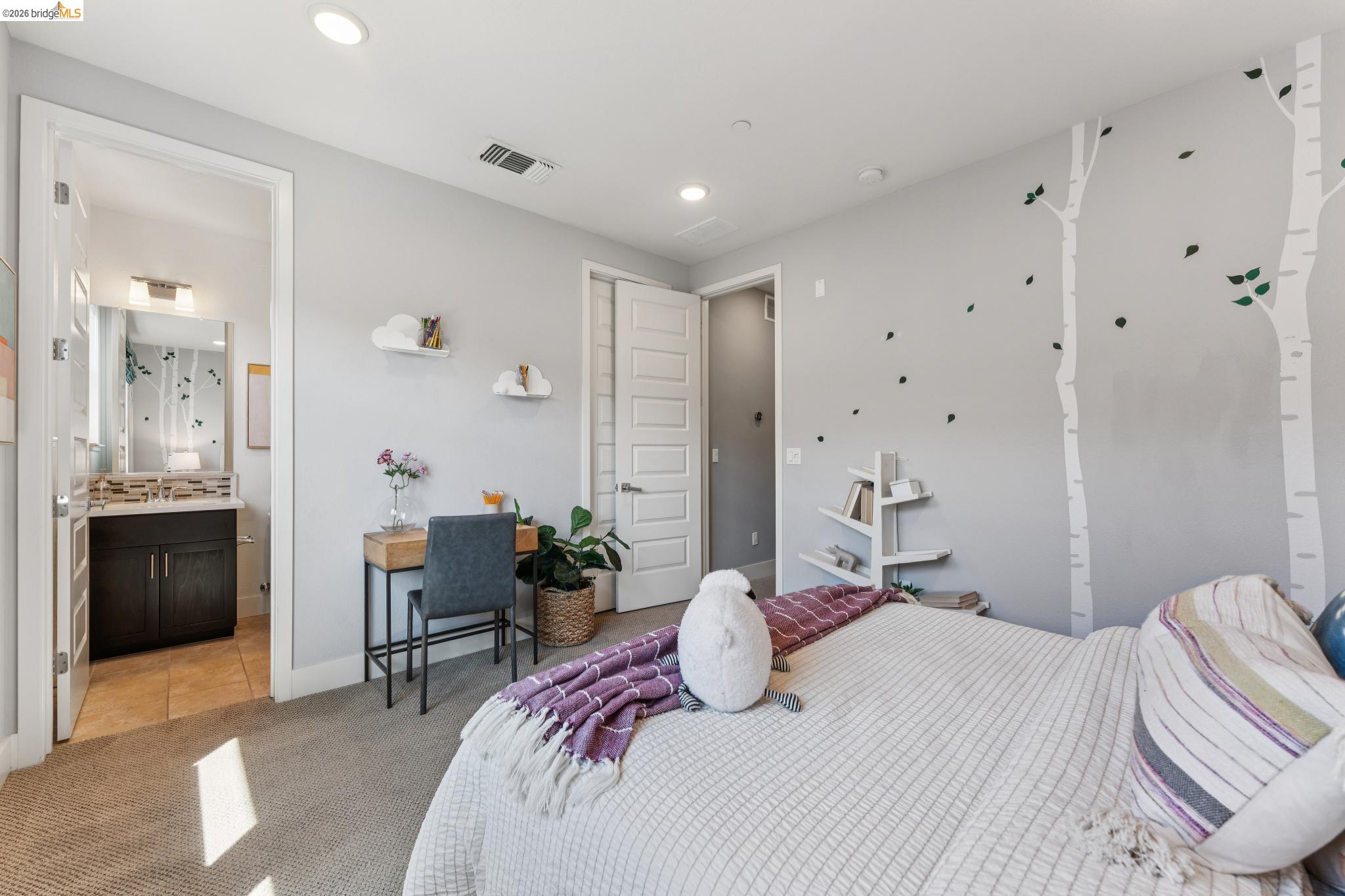 489 Diller Street Alameda, CA 94501 - Photo 40 of 60 Bedroom with light carpet, connected bathroom, recessed lighting, and an office area