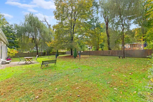 a view of a park with large trees