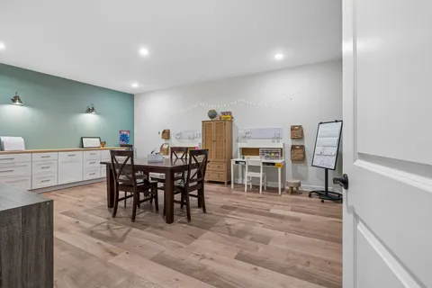 a view of a dining room with furniture