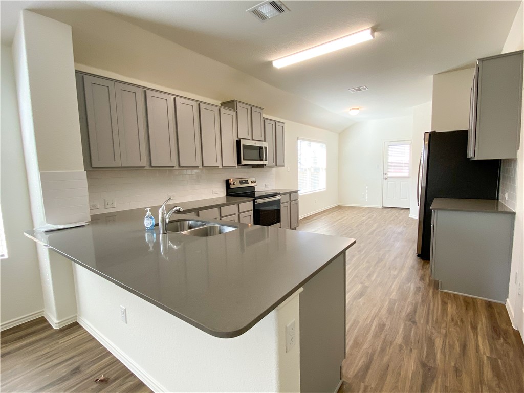 301 Greatest Gift Way Jarrell, TX 76537 - Photo 5 of 20 a kitchen with stainless steel appliances granite countertop a sink refrigerator and microwave