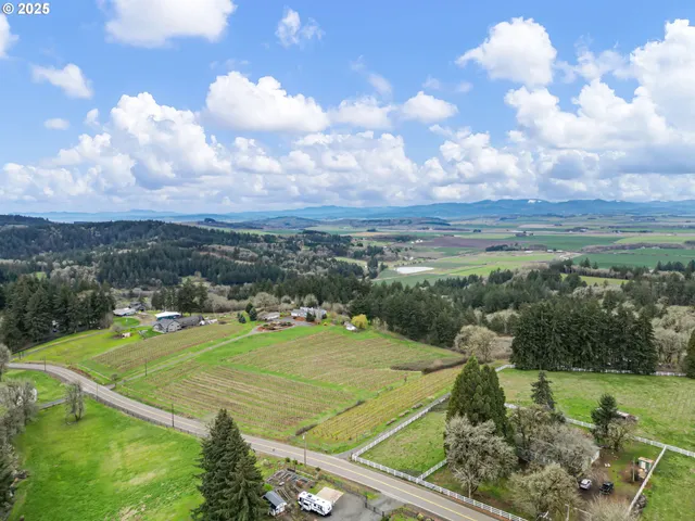 an aerial view of a house with outdoor space