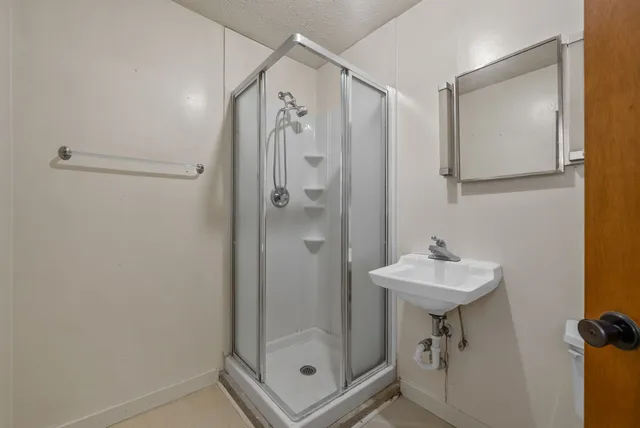 a bathroom with a shower a mirror and a sink