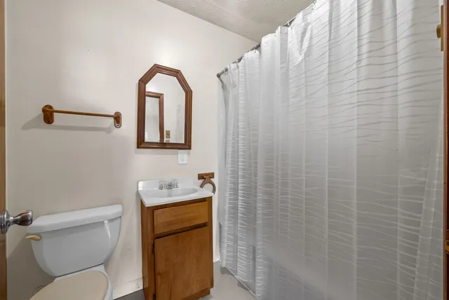 a bathroom with a sink a toilet and mirror