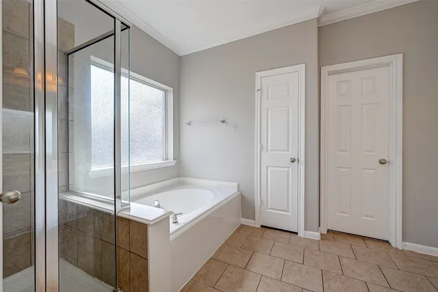 a bathroom with a bathtub and a shower