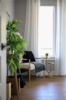 a bedroom with furniture and a potted plant