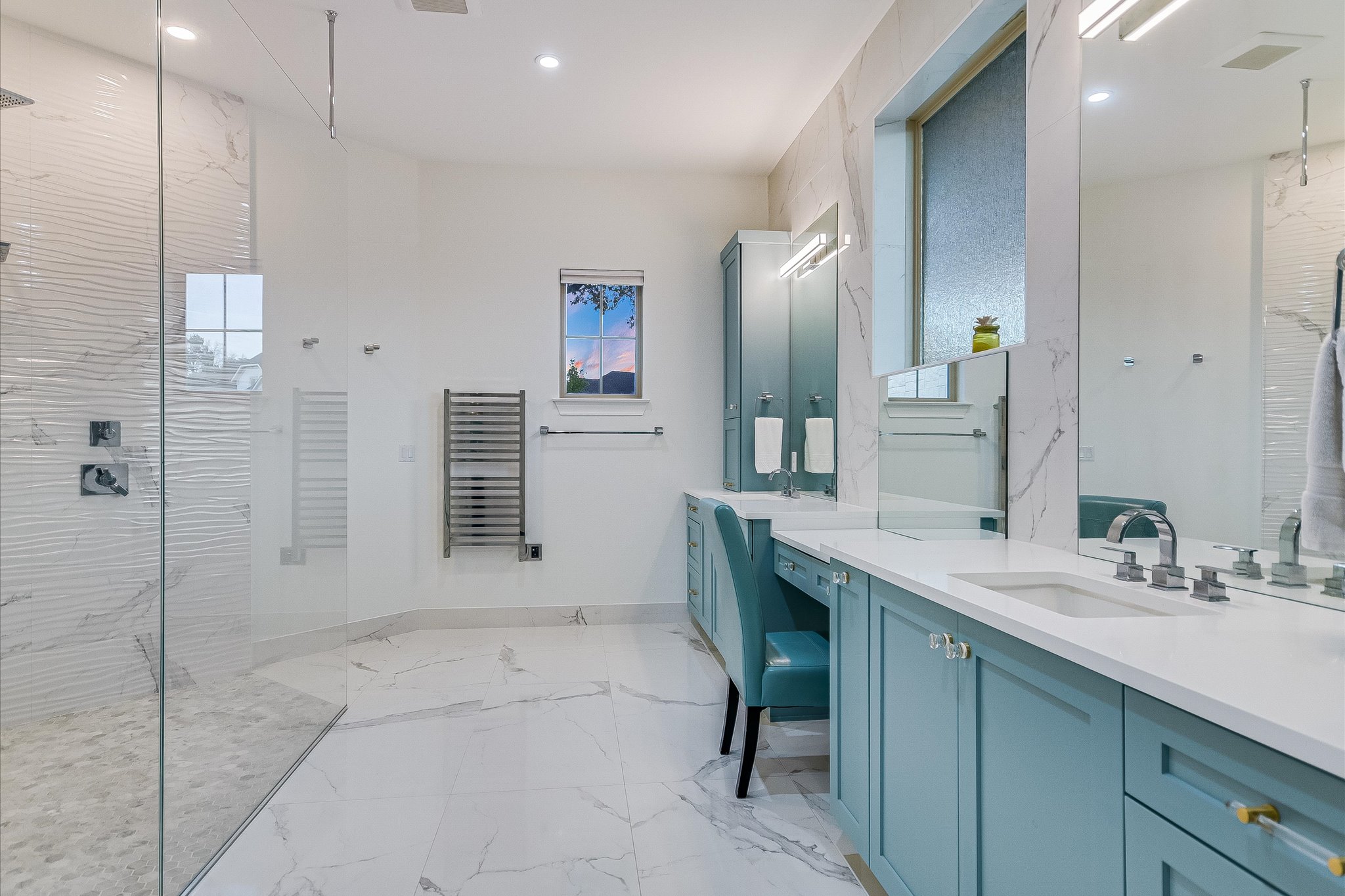 2625 Arion Circle Austin, TX 78730 - Photo 10 of 32 Bathroom with marble finish floors, a walk in shower, recessed lighting, vanity, and radiator heating unit