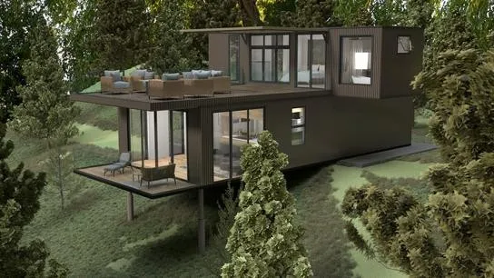 a backyard of a house with yard table and chairs