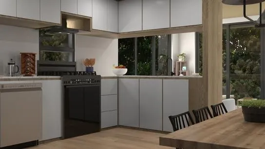 a kitchen with stainless steel appliances granite countertop a refrigerator a stove a sink dishwasher a dining table and chairs with wooden floor