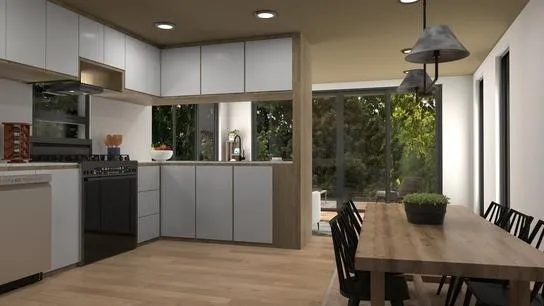 a kitchen with sink and refrigerator