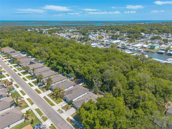an aerial view of residential houses with outdoor space and trees