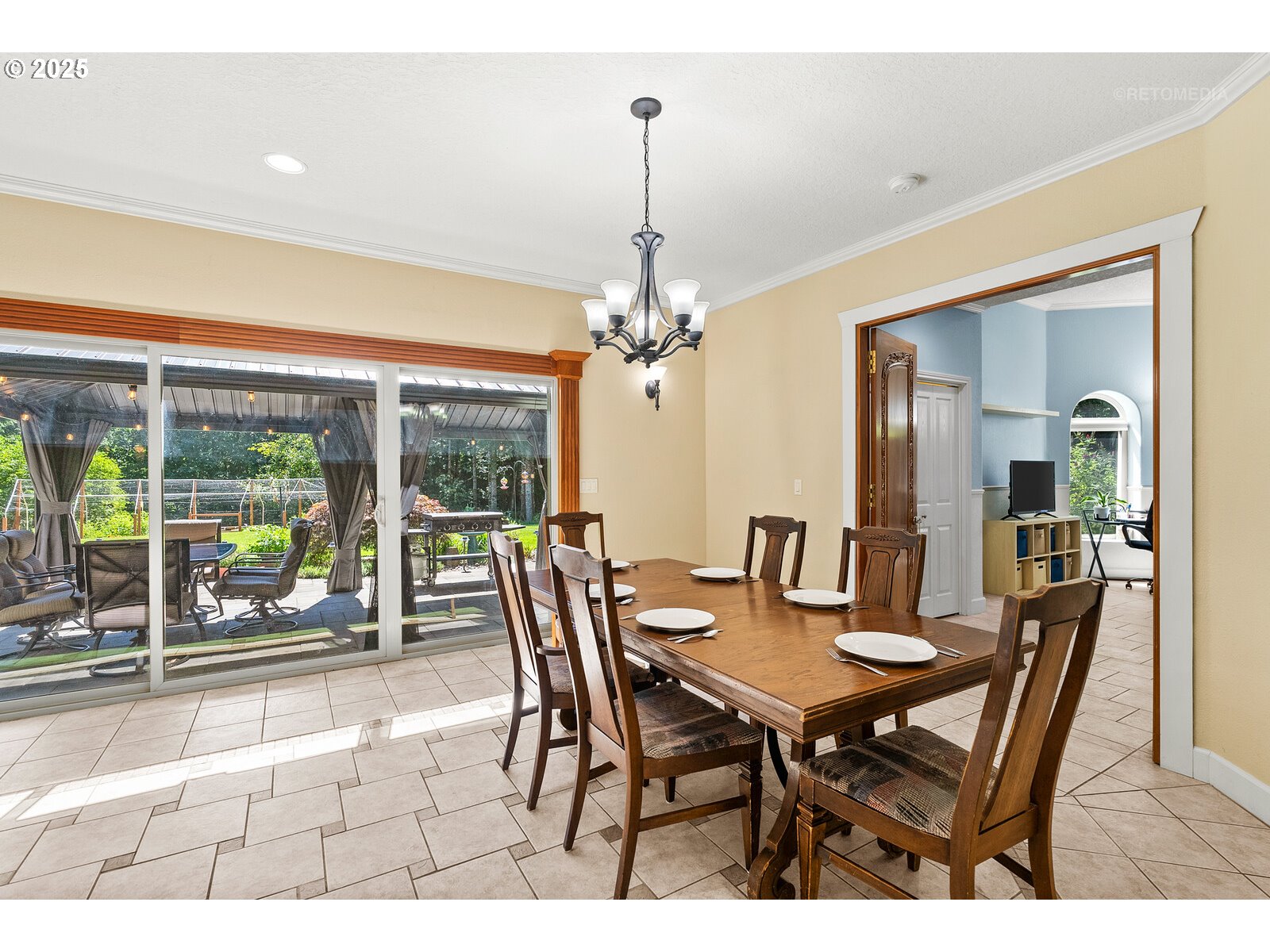 40811 Northwest Linklater Road North Plains, OR 97133 - Photo 10 of 48 a dining room with furniture large windows and a chandelier