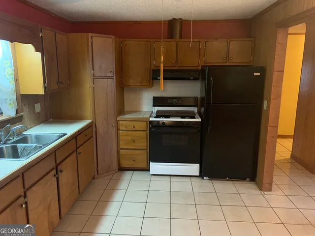 a kitchen with a refrigerator sink and cabinets