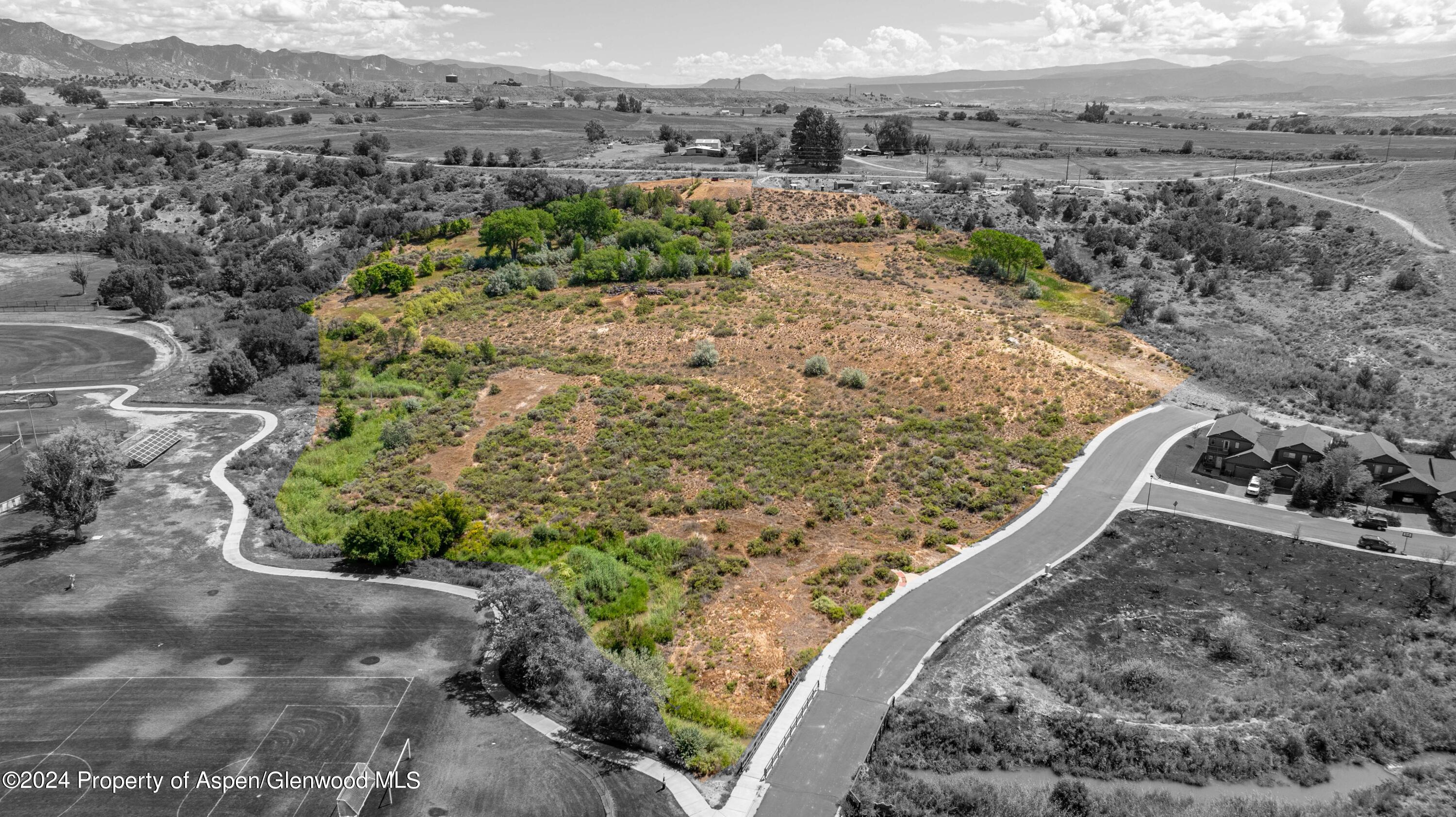 a view of a dry yard with wooden fence