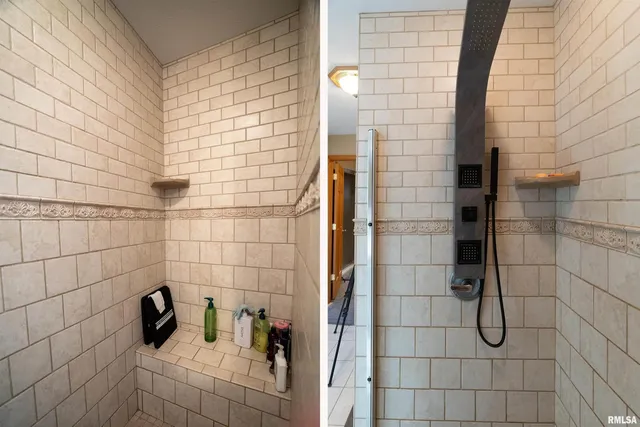 a view of empty room with wooden ceiling