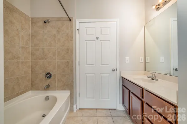 a bathroom with a tub sink and mirror