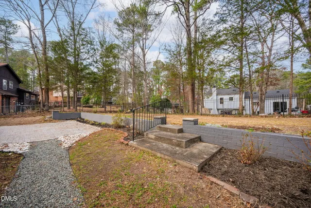 a street view with large trees