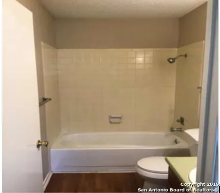 a bathroom with a toilet and a bath tub