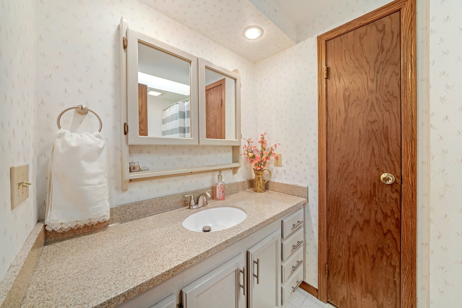 417 Pembroke Road Southwest Poplar Grove, IL 61065 - Photo 20 of 45 a bathroom with a granite countertop sink and a mirror