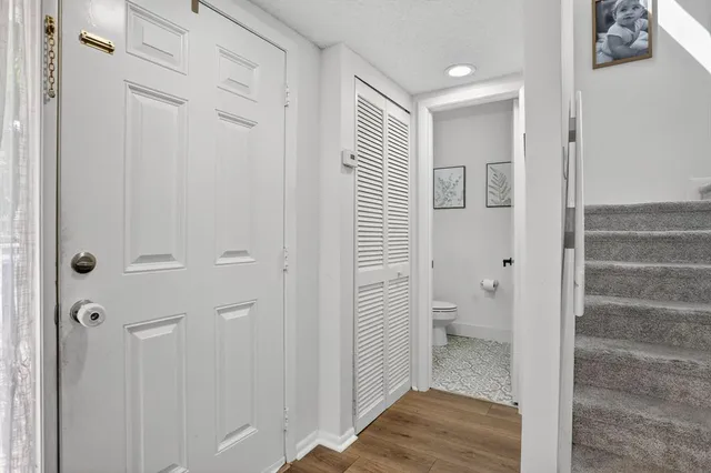 a view of a bathroom with toilet