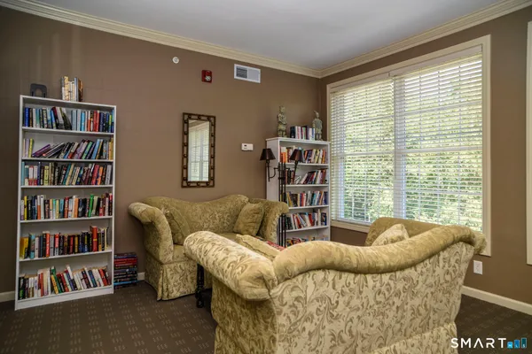 a living room with furniture and a book shelf