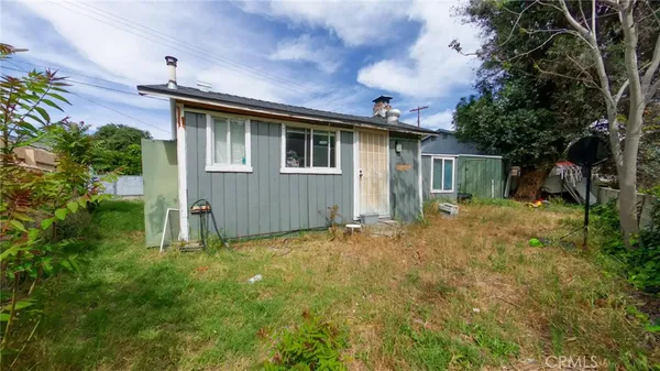 a backyard of a house with plants and tree