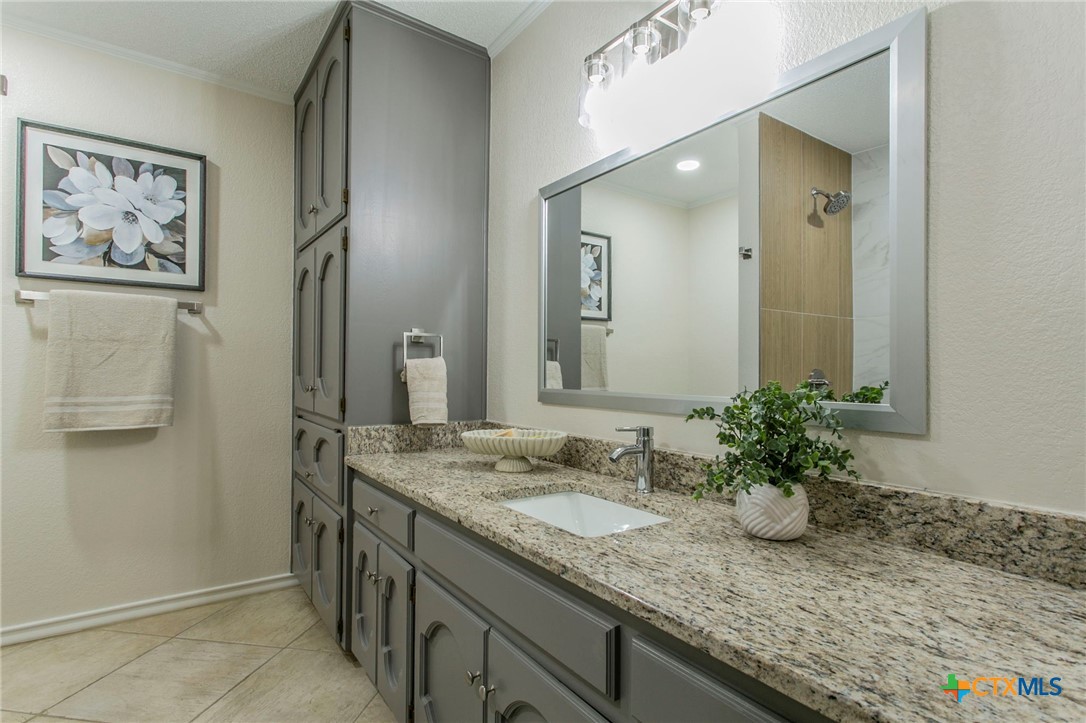 608 Ridgecrest Drive Salado, TX 76571 - Photo 17 of 43 a bathroom with a granite countertop sink and a mirror