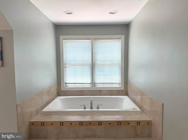 a bathroom with a bath tub and a window