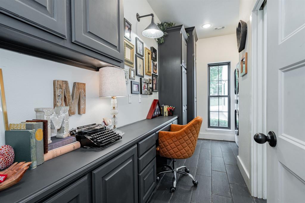 853 County Road 2215 Decatur, TX 76234 - Photo 22 of 39 Office/laundry featuring built in desk and dark wood-type flooring