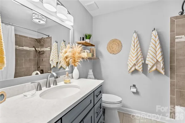 a bathroom with a sink vanity mirror and toilet