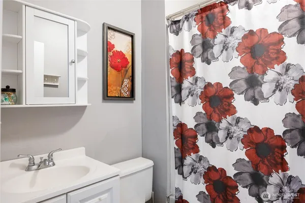 a bathroom with a sink mirror and vanity