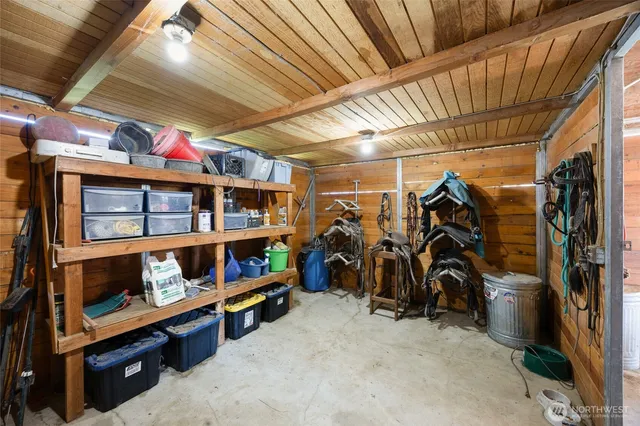 a view of a storage room with racks