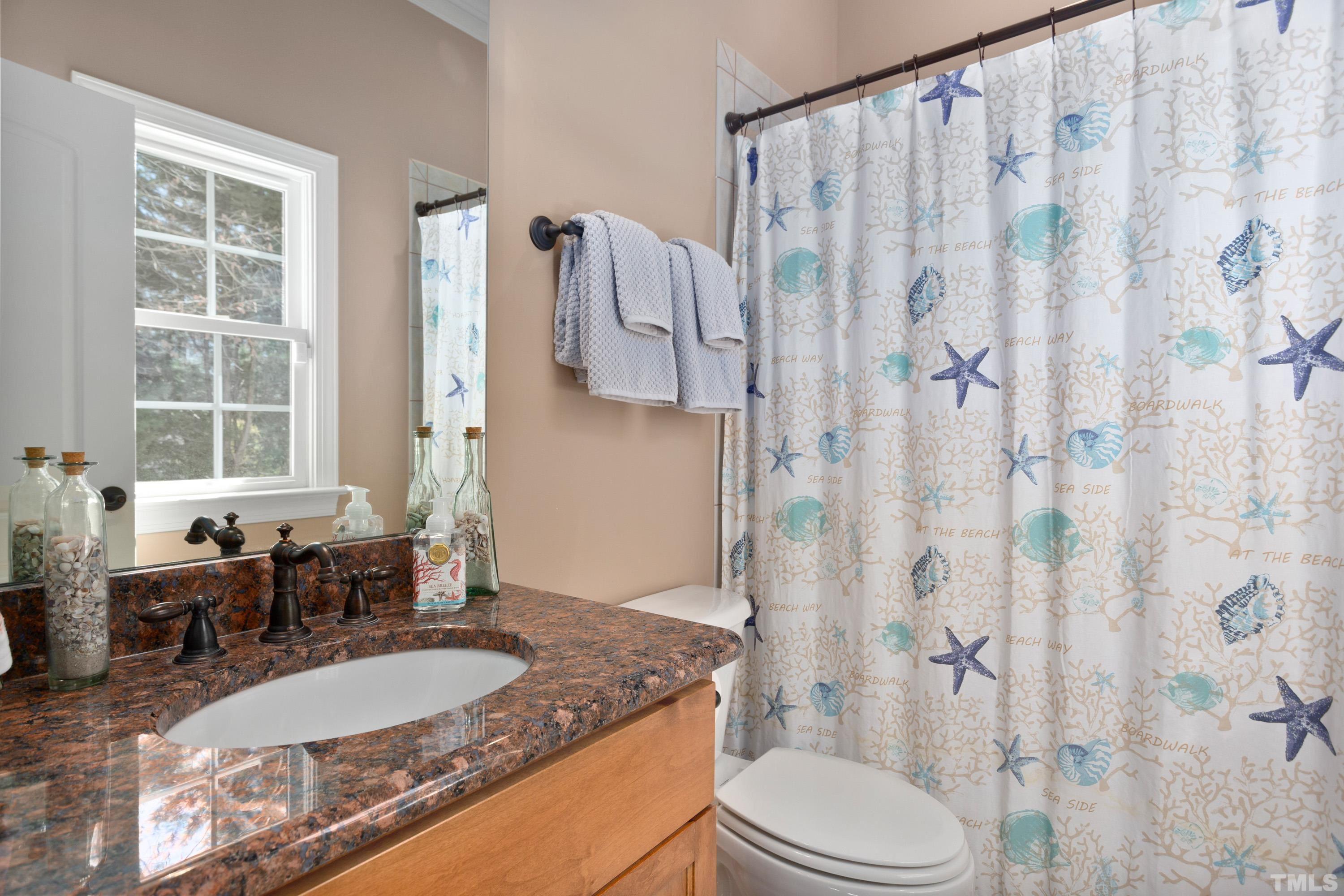 4328 Summer Brook Drive Apex, NC 27539 - Photo 36 of 76 a bathroom with a granite countertop sink and a mirror