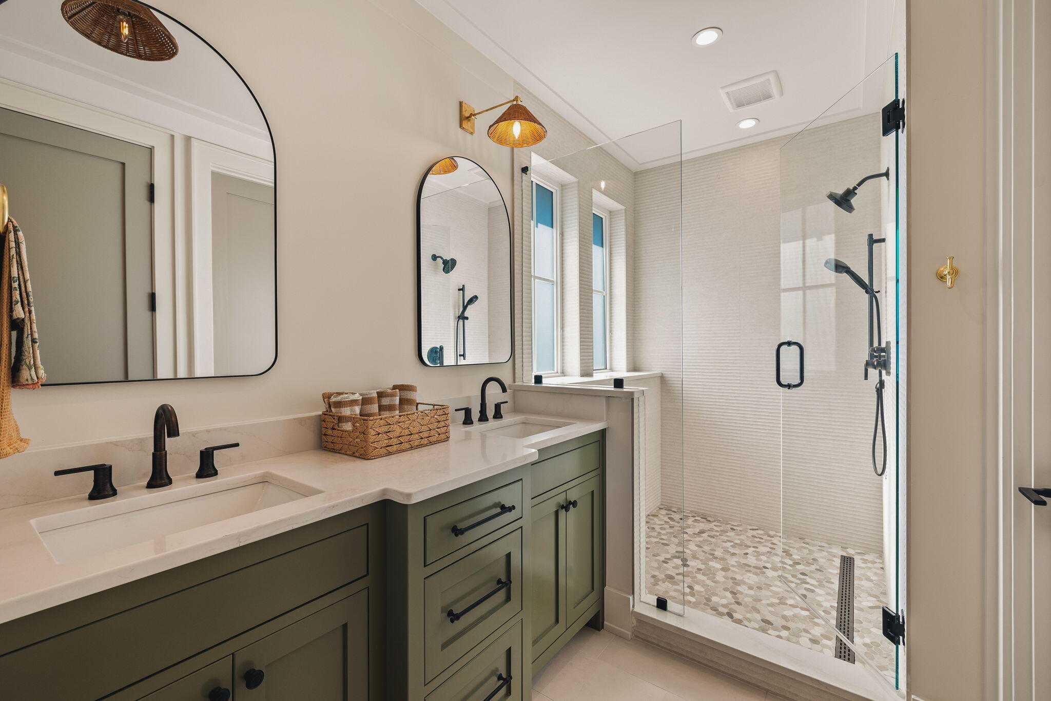 157 Blue Lake Road Santa Rosa Beach, FL 32459 - Photo 76 of 83 a bathroom with a double vanity sink mirror and shower