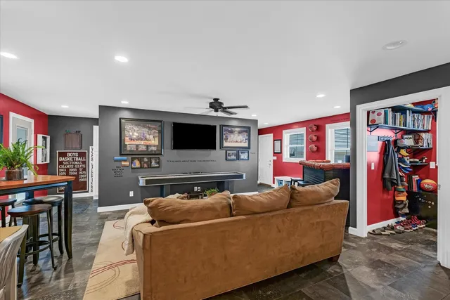 a view of a backyard with sitting area