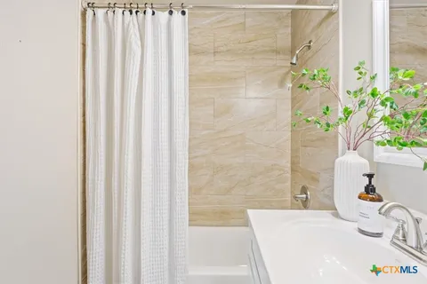 a bathroom with a sink a bathtub and potted plant