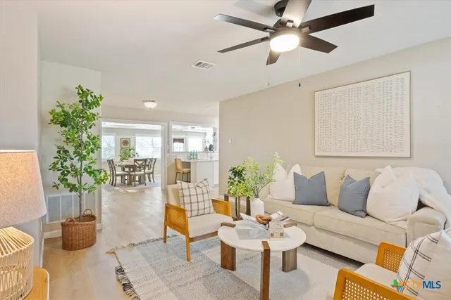 a living room with furniture potted plant and a window