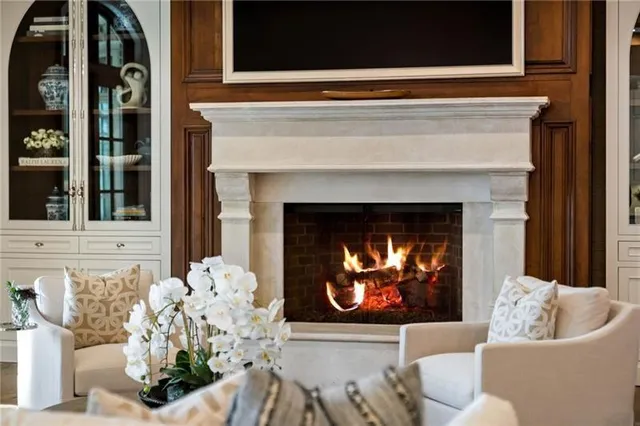 a view of a garden with large trees