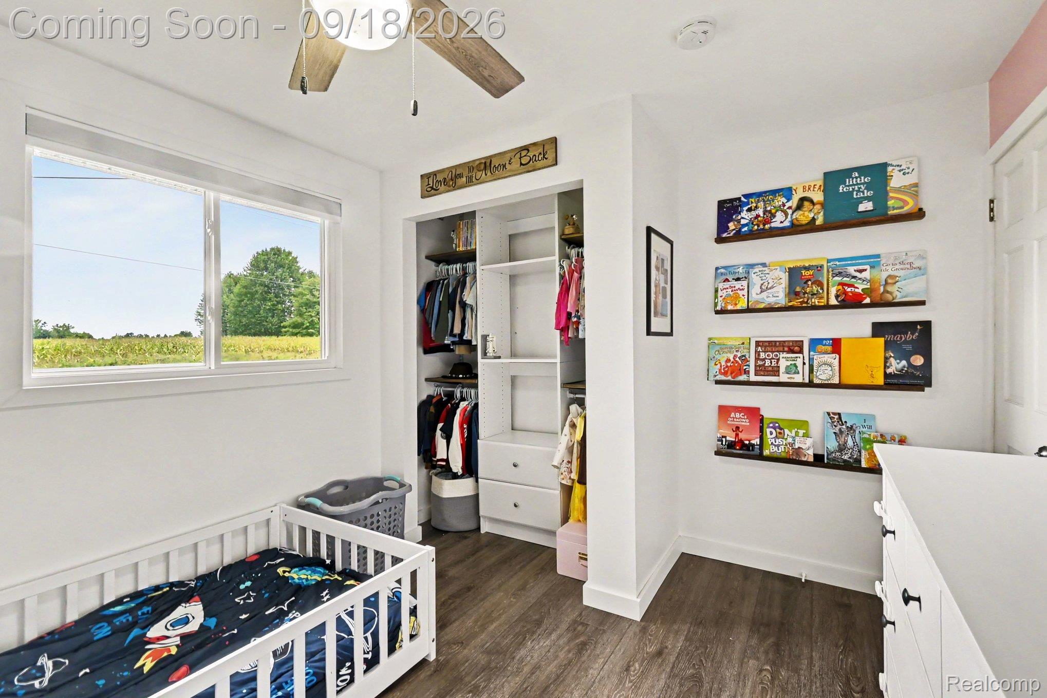 10755 Spencer Road St. Charles, MI 48655 - Photo 20 of 35 Window offering scenery, wood-finish flooring, ceiling fan, built-in shelving, and closet system