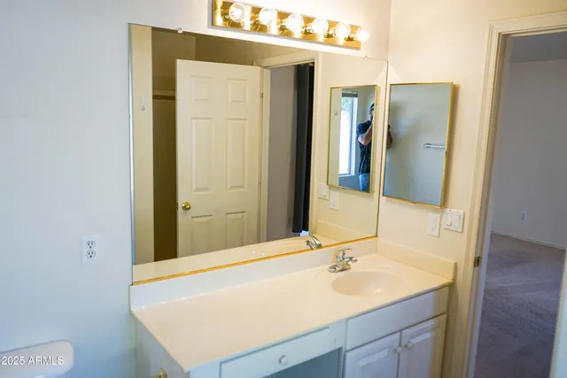 a bathroom with a sink a toilet and a mirror
