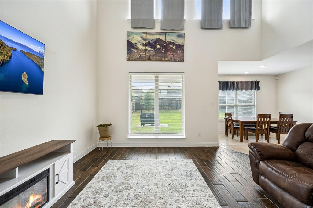 11732 Wulstone Road Fort Worth, TX 76052 - Photo 4 of 34 Living area featuring high ceilings, wood-finish flooring, a wall-mounted entertainment center with an electric fireplace, and a large window overlooking the backyard
